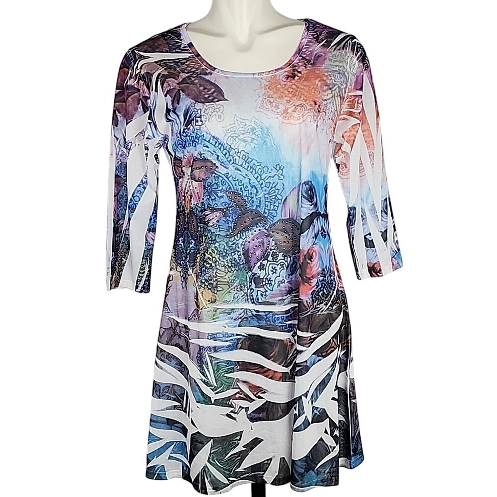 Xception Tunic Dress White Multi Colour Crochet Back Rhinestone Lightweight S